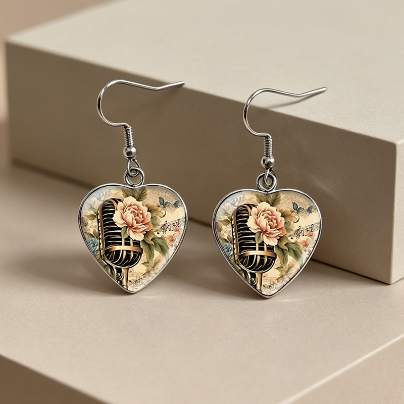Heart Shape Glass Dome Dangle Earrings with Roses